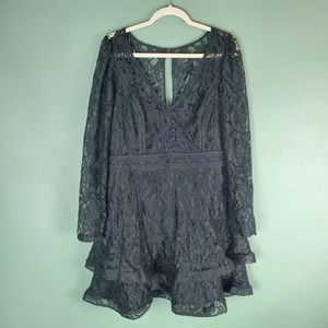 City Chic Lacey Love Black Lace V-Neck Long Sleeve Mini Ruffle Dress Size M 18